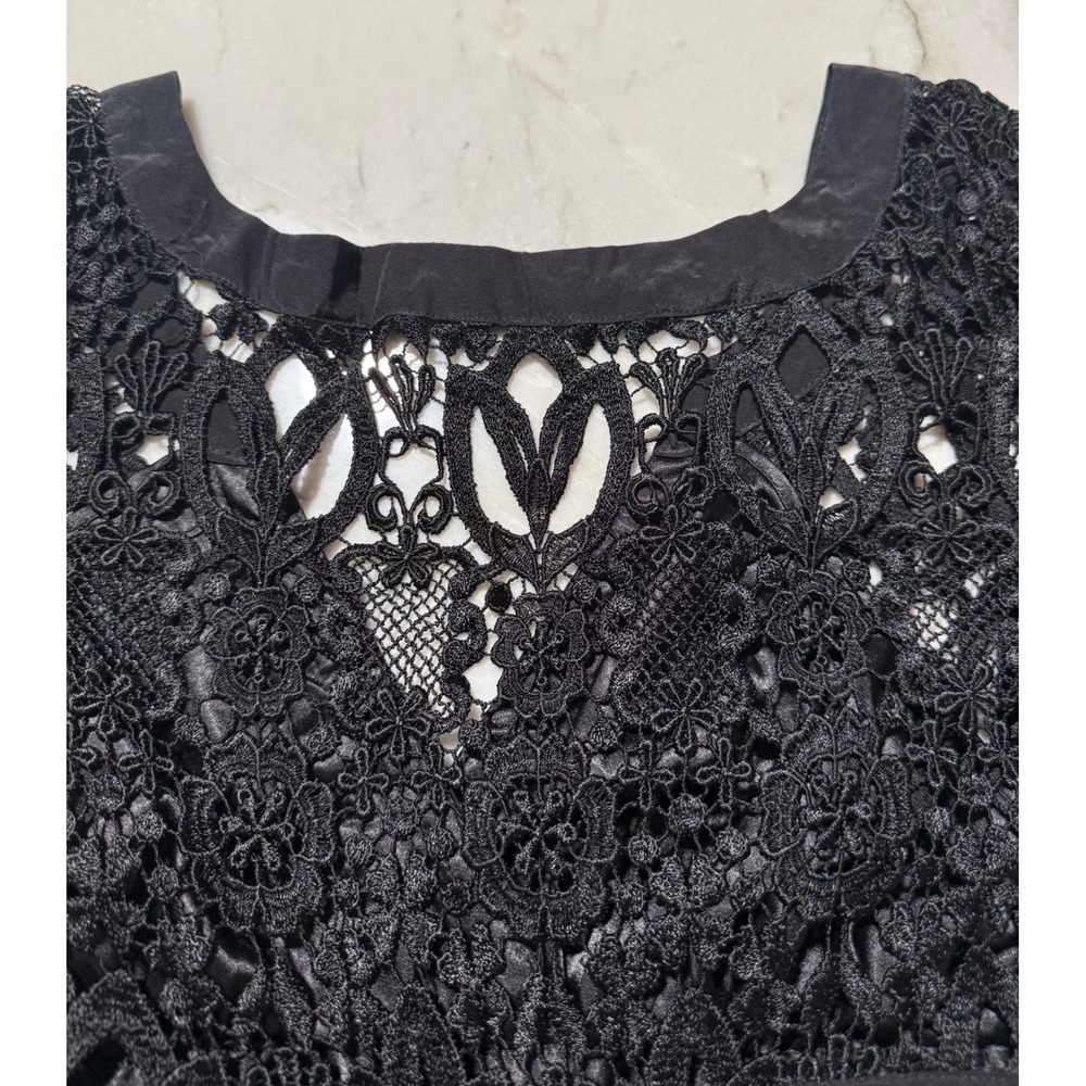 bebe Black Lace Crochet Silk Tiered Ruffle Mini Dress Puff Sleeve Womens Size XS - Picture 16 of 16